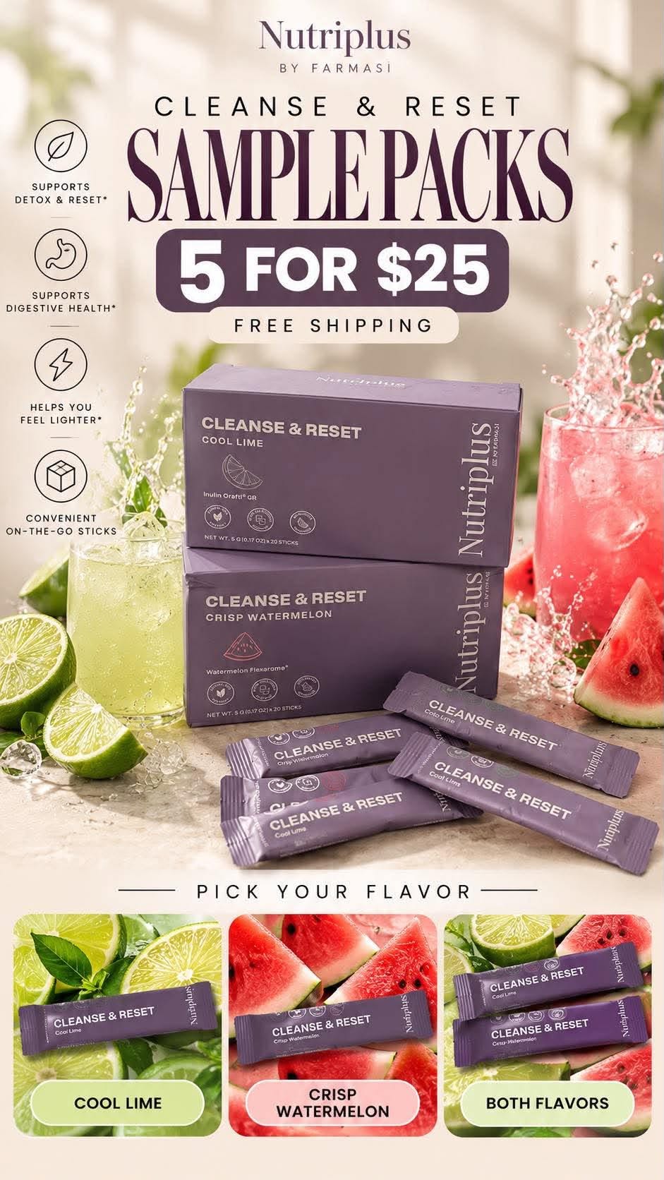 Nutriplus Cleanse & Reset sample packs — 5 for $25 with free shipping